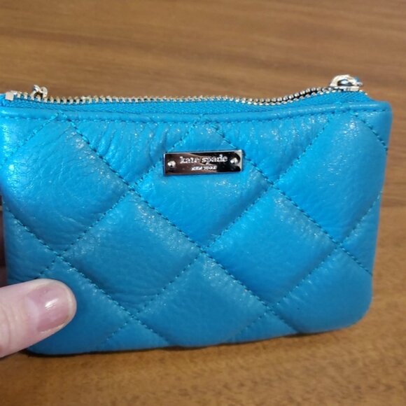 Kate Spade Aqua Gold Coast Coin Purse attached Key fob Quilted Design - Picture 3 of 6